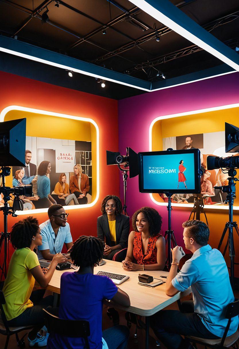 A captivating scene depicting a vibrant film set where a diverse group of people engage in discussions about adult media's influence on sexual freedom. The backdrop features a camera crew and bright lights, creating an atmosphere of creativity and openness. Include visual elements of modern technology and intimacy, such as colorful props symbolizing freedom and expression. The scene should be warm and inviting, reflecting inclusivity and dialogue. super-realistic. vibrant colors. 3D.