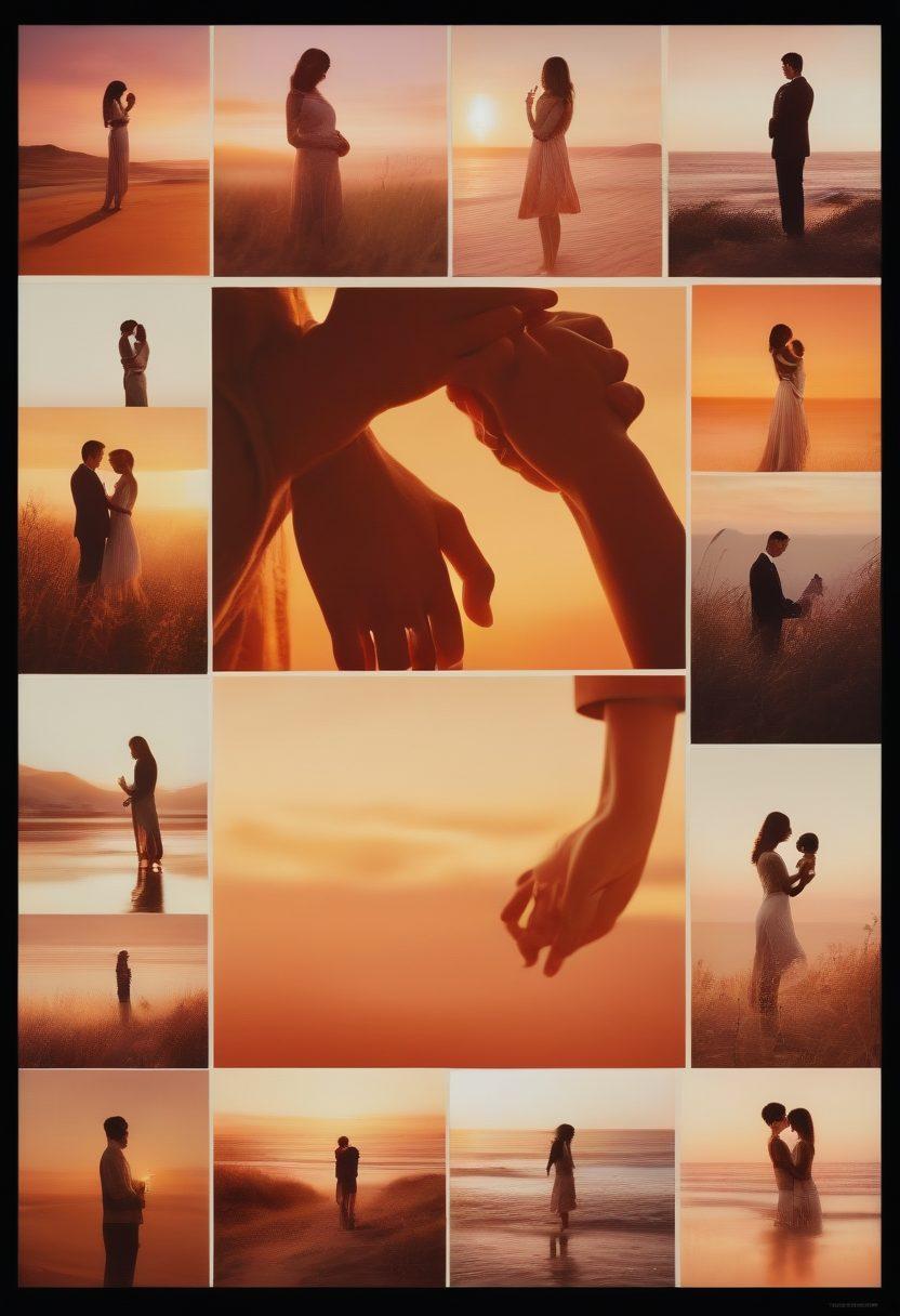 A collage of various film clips seamlessly blending into a tapestry of diverse cultural symbols representing intimacy, such as hands holding, intertwined silhouettes, and candid moments between couples. The background should reflect a soft gradient of warm colors symbolizing connection and emotion, while the foreground features a vintage film reel spilling out snippets of these intimate scenes. artistic collage. vibrant colors. soft focus.